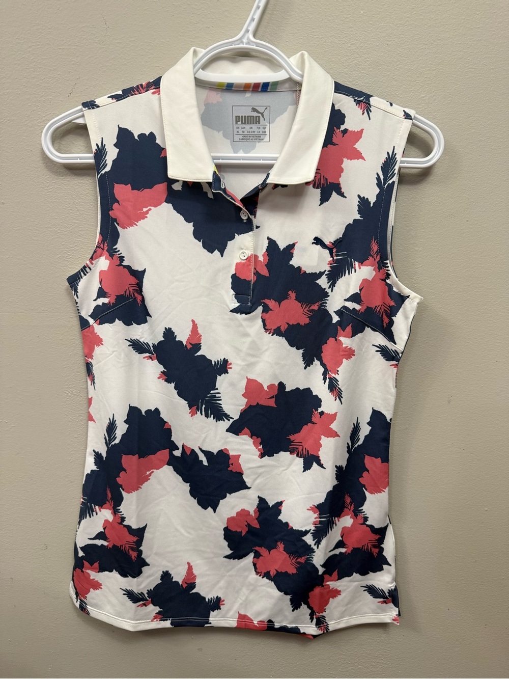 NWT Puma Women’s Sleeveless Floral Polo - White, Navy & Coral Drycell XL
